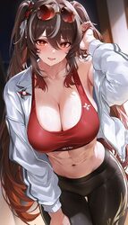 1girl abs alternate breast size (larger) armpits black leggings blush breasts brown hair cleavage collarbone cosplay di…