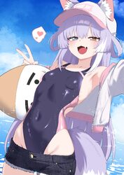 1girl absurdres animal ears armpits bare shoulders baseball cap black one-piece swimsuit black shorts blue eyes breasts…