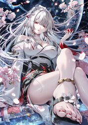 1girl adversarial noise bare shoulders breasts cleavage colored eyelashes commentary request crossed legs cup feet goma…