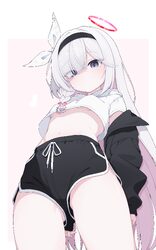 1girl absurdres arms at sides ass visible through thighs black hairband black jacket black shorts blue archive bow brea…