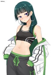 1girl absurdres black pants black sports bra blue eyes breasts cargo pants commentary request dsuzu earrings freckles g…