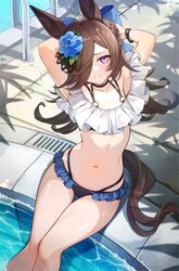 1girl absurdres animal ears bikini black bikini black choker blue flower blue rose blush braid breasts brown hair choke…