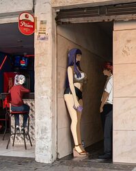 1boy 2girls absurdres alley alternate costume artist name bar (place) black pants black shorts blunt bangs bottle breas…