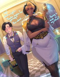 1boy 1girl black hair blonde hair blonde streaks breasts cleavage cleavage cutout clothing cutout commentary cup dark-s…
