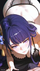1boy 1girl absurdres all fours artist name ass black bra black panties blush bra breasts chromatic aberration closed mo…