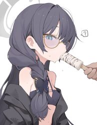 1boy 1girl ? black hair blue archive blue eyes braid braided ponytail food food in mouth grey halo halo highres kisaki …