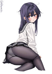 1girl akatsuki (kancolle) artist name ass black pantyhose black sailor collar black skirt blue eyes blue hair blush com…