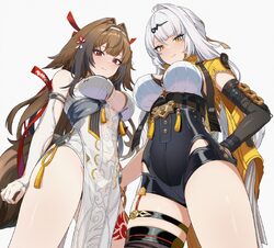 2girls ahoge animal ears black gloves black shorts breasts brown eyes brown hair commentary request dress elbow gloves …