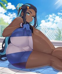 1girl absurdres ass ass focus bare shoulders black hair blue eyes blue eyeshadow blue hair blue sky cloud dark-skinned …
