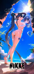 1girl absurdres alternate costume arm up arms up bikini black hair blue sky breasts bubble closed mouth cloud cloudy sk…