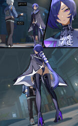 1boy 1girl absurdres ass black pants black shirt blue cloak blue jacket boots cloak closed mouth comic commentary reque…
