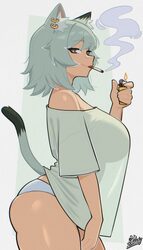 1girl absurdres animal ear fluff animal ear piercing animal ears artist name border breasts bright pupils brown eyes ca…