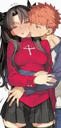 1boy 1girl absurdres black hair black skirt black thighhighs blue eyes blush breasts commentary emiya shirou fate/stay …