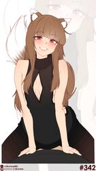 1boy 1girl absurdres animal ear fluff animal ears artist name black dress black pantyhose blush breasts brown hair clea…