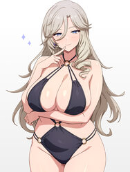 1girl absurdres arm under breasts bare arms black one-piece swimsuit blue eyes breasts brown hair cleavage closed mouth…