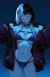 1girl ass visible through thighs bikini bikini under clothes black hair black jacket blunt bangs blush breasts cleavage…