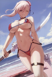 1girl absurdres beach bikini black choker blue eyes blush breasts bun cover choker commentary day english commentary fa…