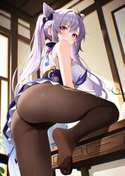 1girl ass bare shoulders bilingual commentary black panties black pantyhose blush breasts commentary request cone hair …