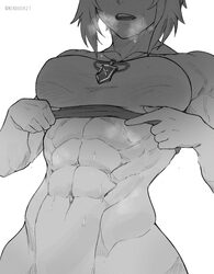 1girl abs artist name breasts commentary english commentary eyes out of frame fate/apocrypha fate (series) greyscale he…