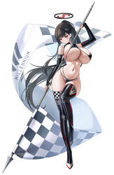 1girl absurdres alternate costume bikini black bikini black hair black shrug black thighhighs blue archive bouncing bre…