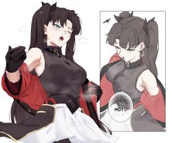 1girl armpits black gloves black hair black necktie blue eyes breasts brian (delknoder) comic commentary earrings engli…