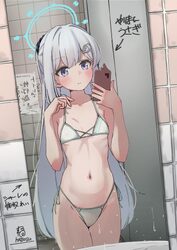 1girl bare arms bare shoulders bikini blue archive blush breasts cellphone closed mouth commentary cowboy shot grey hai…