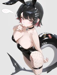 1girl absurdres animal ears arm behind back asymmetrical legwear black choker black hair black leotard blush breasts ch…