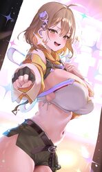 1girl  d absurdres ahoge anis (nikke) anis (star) (nikke) bare shoulders belt black gloves blush breasts brown belt bro…