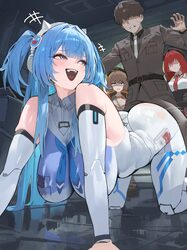 1boy 3girls absurdres ahoge all fours animal ear headphones animal ears anis (nikke) anis face (nikke) beret blue eyes …