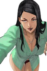 1girl absurdres alternate breast size (larger) aqua shirt black hair black panties breasts cleavage commentary debbie g…