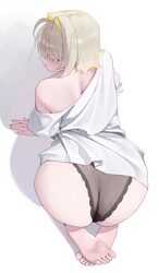 1girl absurdres ahoge all fours ass ass focus back barefoot black panties blonde hair blush closed mouth colored inner …