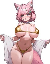1girl animal ear fluff animal ears bare shoulders bikini braid breasts cl oor commentary cowboy shot gold bikini hair o…