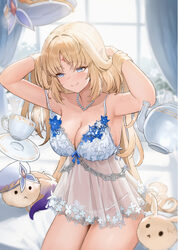 1girl armpits ayul (ayulneri 92) bead necklace beads blonde hair blue eyes blush breasts cleavage closed mouth commenta…