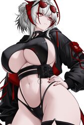 1girl alternate breast size (larger) arknights bikini black bikini black jacket breasts commentary cowboy shot cropped …