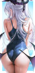 1girl ass bare arms bare shoulders blue archive blue one-piece swimsuit commentary request demon girl demon wings from …