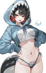 1girl absurdres animal costume animal hood bikini black hair blue bikini blue jacket breasts candy colored inner hair c…