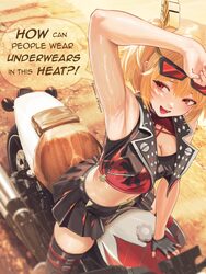 1girl arm up armpits bare shoulders black boots black gloves black jacket black skirt black tube top blonde hair boots …