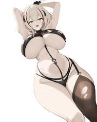 1girl absurdres arm behind head arm up azur lane bikini black bikini black thighhighs breasts brown eyes commentary req…
