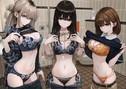 3girls absurdres bathroom belt black belt black bra black eyes black hair black panties black shirt blonde hair blue br…