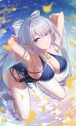 1girl absurdres armpits arms behind head arms up ascot bare shoulders blue dress bow breasts center opening chinese com…