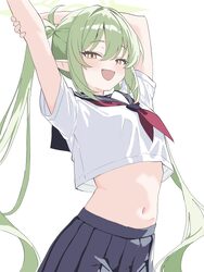 1girl alternate costume arms up black skirt blue archive blush commentary request crop top cropped shirt fang green hai…