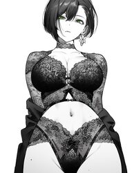 1girl artist name black panties bra breasts cleavage closed mouth collarbone earrings flower earrings green eyes greysc…