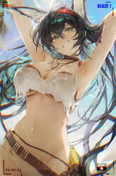 1girl animal ears arknights belt bikini black hair blaze (arknights) blaze (summer) (arknights) blue sky breasts brown …
