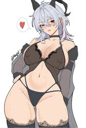 1girl ass visible through thighs babydoll black babydoll black horns black panties black thighhighs blush breasts comme…