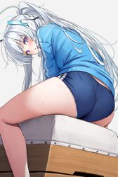 1girl ass blue archive blue buruma blue jacket blush buruma butt crack commentary request from behind hair between eyes…