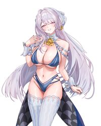 1girl absurdres alternate costume bikini blue bikini blue nails blush bow breasts coattails commentary earrings fingern…