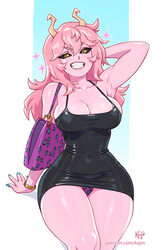 1girl aged up animal print aqua nails arm behind head arm support ashido mina bag bangle black dress black sclera boku …