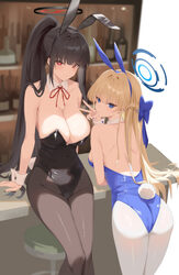 2girls absurdres alternate costume animal ears ass bare arms bare shoulders black hair black hairband black halo black …