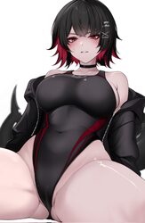 1girl alternate costume ass visible through thighs black choker black hair black jacket black one-piece swimsuit blush …