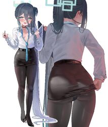 1girl absurdly long hair absurdres adjusting skirt alternate costume aris (blue archive) ass belt bespectacled black ch…